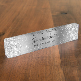 Porte-nom Pour Bureau Paillettes Filles Argentées Faux Feuille