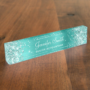 Porte-nom Pour Bureau Paillettes Turquoise Clair Féminin Brillantes