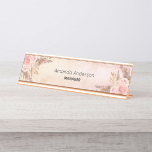 Porte-nom Pour Bureau Pampas herbe rose pâle rose rose or