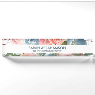 Porte-nom Pour Bureau Panneau de bureau Fleurs Roses Rose Pâle et Bleu P