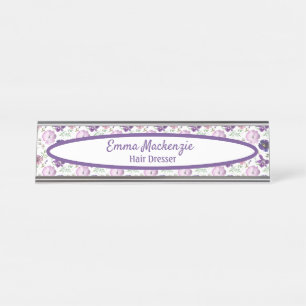 Porte-nom Pour Bureau Panneau de fleurs violettes de la station florale