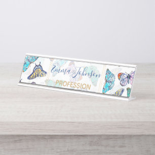 Porte-nom Pour Bureau Papillons couleur aquarelle blanche motif