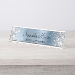 Porte-nom Pour Bureau Parties scintillant argentée bleu clair