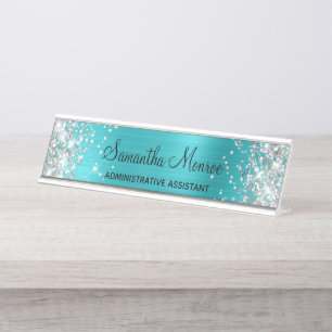 Porte-nom Pour Bureau Parties scintillant argentée Turquoise Blue Foil