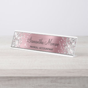 Porte-nom Pour Bureau Parties scintillant d'argent rose pâle
