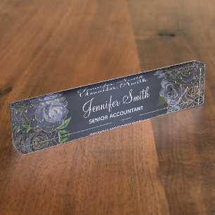 Porte-nom Pour Bureau Parties scintillant d'or et Marine Blue Glam Roses
