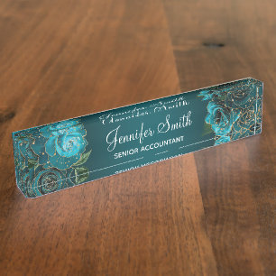 Porte-nom Pour Bureau Parties scintillant d'or et Roses Turquoises de gl