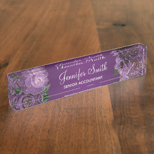 Porte-nom Pour Bureau Parties scintillant d'or violet Roses Glam