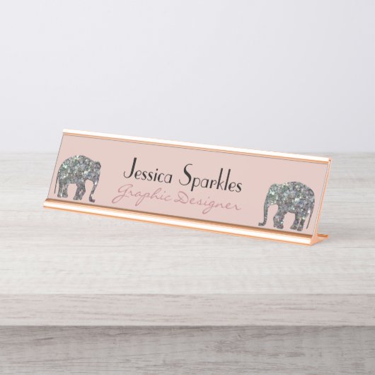 Porte-nom Pour Bureau Parties scintillant en mosaïque argentée rose ros (Devant)