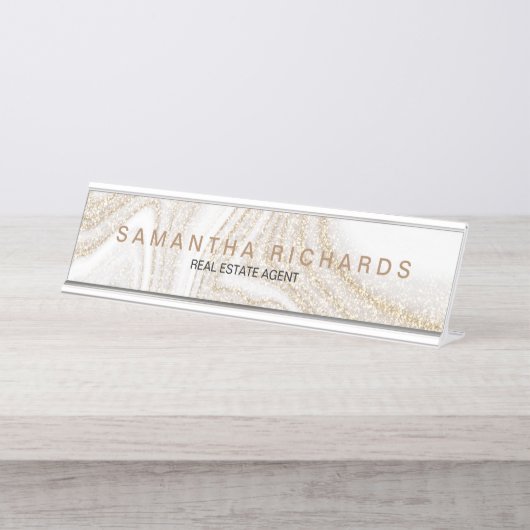 Porte-nom Pour Bureau Parties scintillant moderne chic en marbre blanc o (Devant)