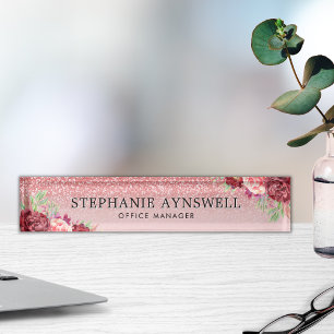 Porte-nom Pour Bureau Parties scintillant or rose Bourgogne Blush Floral