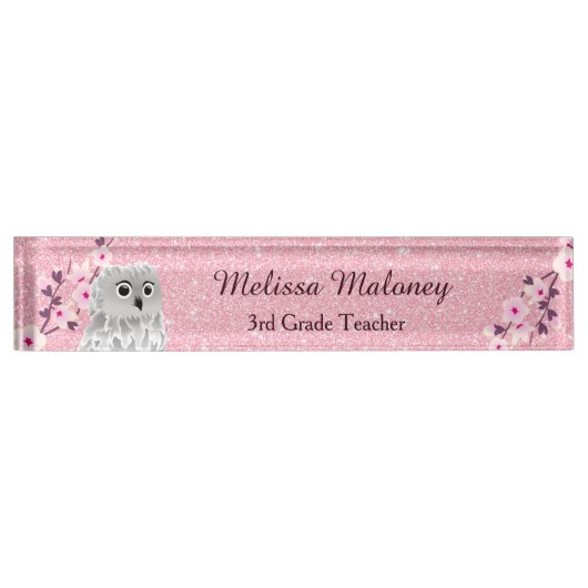 Porte-nom Pour Bureau Parties scintillant Rose Chouette Et Fleurs De Cer (Devant)