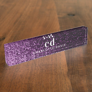 Porte-nom Pour Bureau Parties scintillant violet monogramme initiales lu