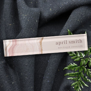 Porte-nom Pour Bureau Pastel Blush doux Rose Or Agate Marbre Texture