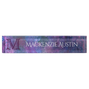 Porte-nom Pour Bureau Pastel Splatter Monogramme rose violet bleu vert