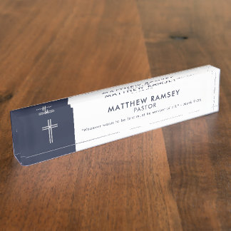 Porte-nom Pour Bureau Pastor Modern Minimal Cross Scripture Marine