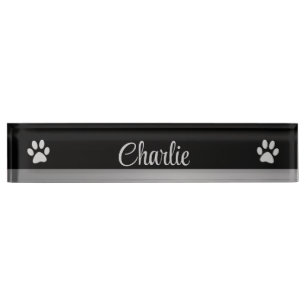 Porte-nom Pour Bureau Paw Chien Argent sur arrière - plan noir
