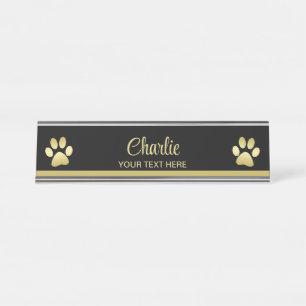 Porte-nom Pour Bureau Paw chien brillant or sur arrière - plan noir