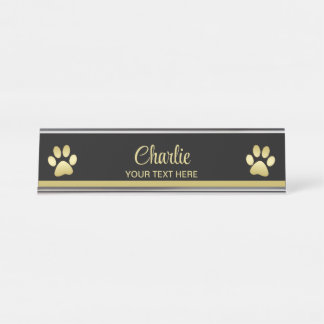Porte-nom Pour Bureau Paw chien brillant or sur arrière - plan noir