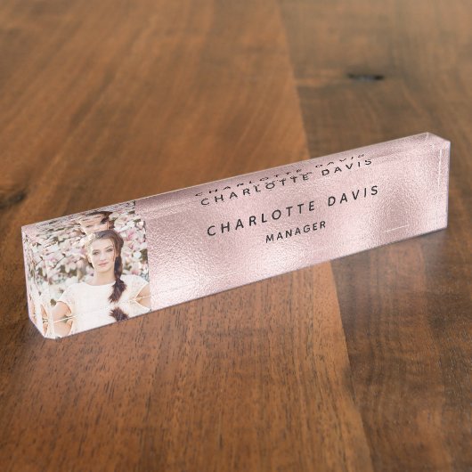 Porte-nom Pour Bureau Photographie rose pâle monogramme employé moderne (Taille)