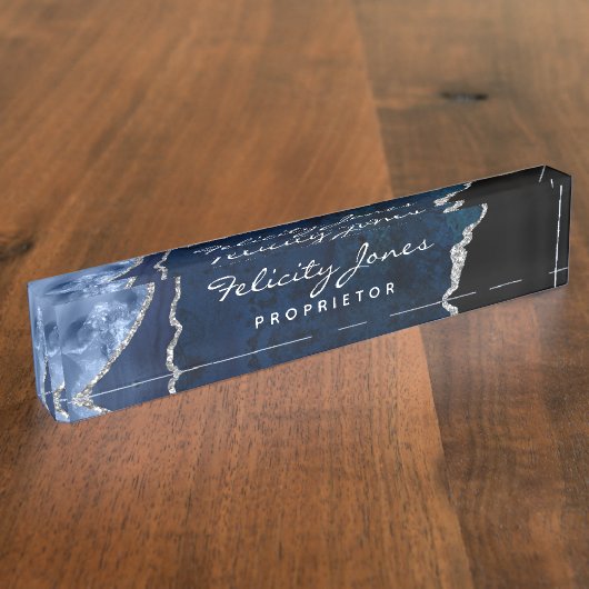 Porte-nom Pour Bureau Pierre précieuse Agate Navy et Argent (Taille)