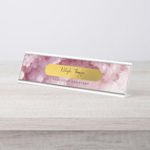 Porte-nom Pour Bureau Pink Gold Foil Sea Crystals Signature Script
