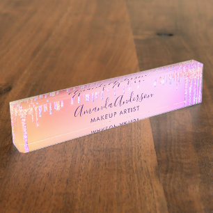 Porte-nom Pour Bureau Pink violet gouttes holographique entreprise