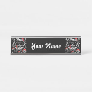 Porte-nom Pour Bureau Pirate Skull avec Sabres croisés