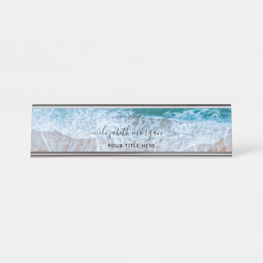 Porte-nom Pour Bureau Plage Personnalisé Bleu Script Élégant (Devant)