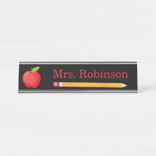 Porte-nom Pour Bureau Pomme et crayon enseignant noir moderne