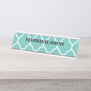 Porte-nom Pour Bureau Quatrefoil Turquoise Bleu Nom blanc Modèle de tex