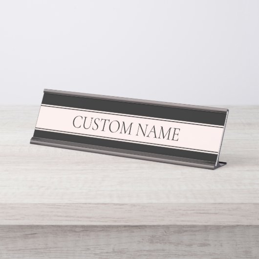 Porte-nom Pour Bureau Rayure rose pâle et texte éditable élégant (Devant)