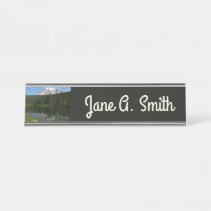 Porte-nom Pour Bureau Reflet du lac du mont Rainier avec des fleurs sauv