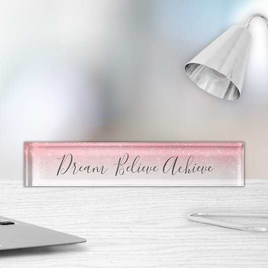 Porte-nom Pour Bureau Rêver Croire Atteindre Motivationnel Pink Silver