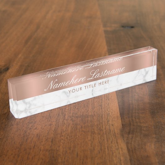 Porte-nom Pour Bureau Rose Gold Blanc Gris Marbre Élégant Script (Taille)