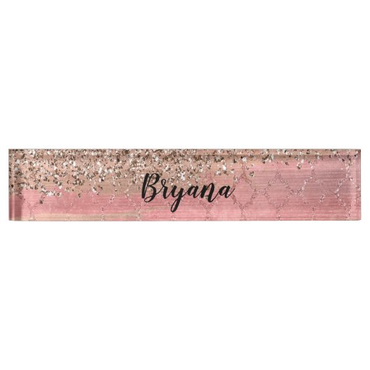 Porte-nom Pour Bureau Rose Gold Blush Pink Glam Sparkle Crackle Chic (Devant)