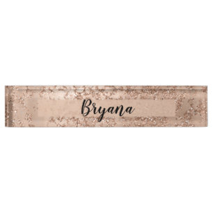 Porte-nom Pour Bureau Rose Gold Blush Rose Glamour Pailleté Crackle Chic