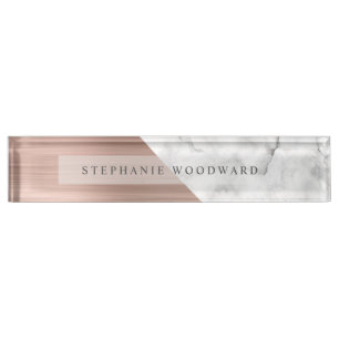 Porte-nom Pour Bureau Rose Gold Élégant Métal Brossé Marbre Blanc