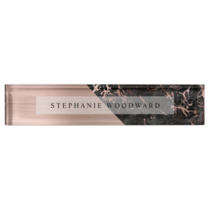 Porte-nom Pour Bureau Rose Gold Élégant Métal Brossé Marbre Noir