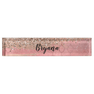 Porte-nom Pour Bureau Rose Gold Fard Rose Glamour Pailleté Crackle Chic