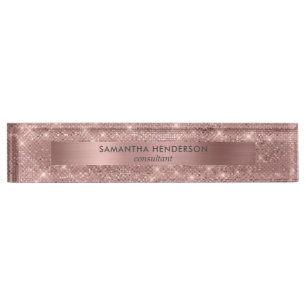 Porte-nom Pour Bureau Rose Gold Faux Shimmer et Foil