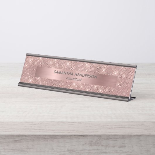 Porte-nom Pour Bureau Rose Gold Faux Shimmer et Foil (Devant)