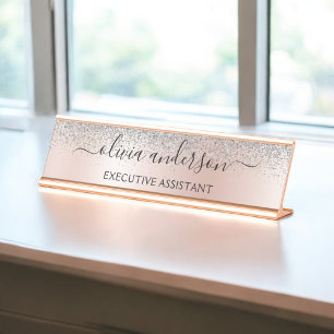 Porte-nom Pour Bureau Rose Gold - Rose Pâle Argent Paillettes Monogramme