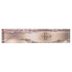 Porte-nom Pour Bureau Rose Gold Tendance Diamants Paillettes Monogramme