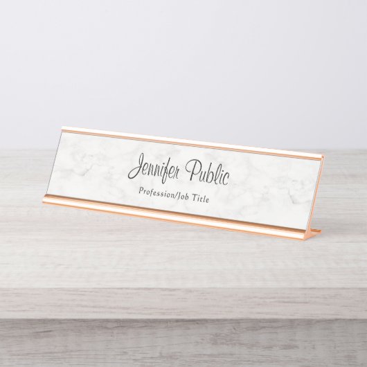 Porte-nom Pour Bureau Rose Marbre blanc or moderne chic Modèle (Devant)