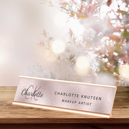 Porte-nom Pour Bureau Rose or blush monogramme moderne professionnel