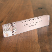 Porte-nom Pour Bureau Rose or photo monogramme moderne élégant (Taille)