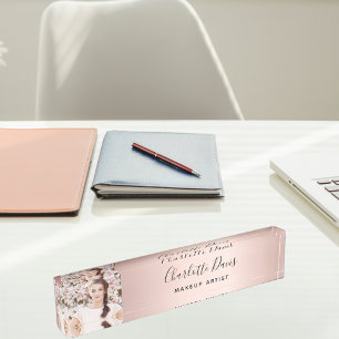 Porte-nom Pour Bureau Rose or photo monogramme signature moderne