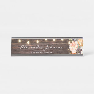 Porte-nom Pour Bureau Rose rustique & Peach Floral Wood Lights & Title