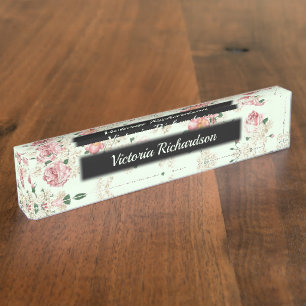 Porte-nom Pour Bureau Rose sur Vert Vintage Floral